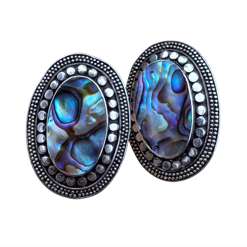 Vintage Large Oval Sterling Silver And Paua Abalone Shell Stud Earrings